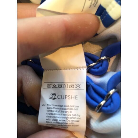 Cupshe Women’s Blue and White Striped Ruffle Cross Strap One Piece Swimsuit Size - Picture 6 of 6